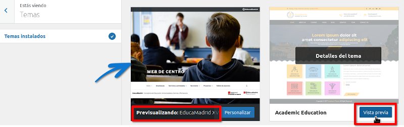 El tema EducaMadrid XVII en el menú de personalización.