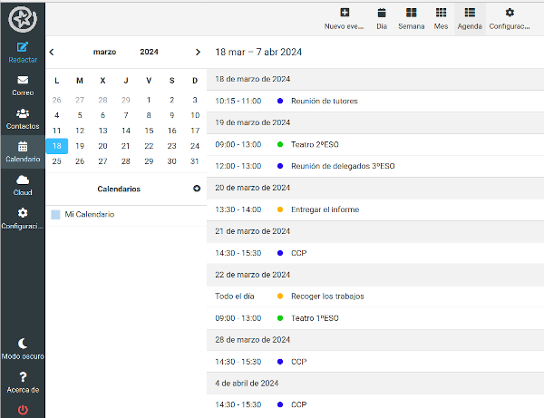 Vista de la agenda de un calendario con categorías.