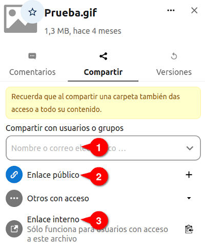 Métodos de compartición: buscador de usuarios, enlace público y enlace interno.