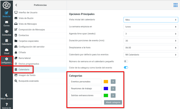 Configurar varias categorías en un calendario.