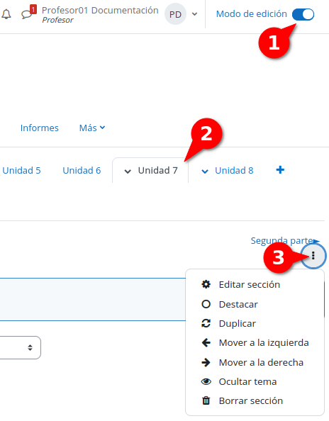 Las opciones son: editar sección, destacar, duplicar, mover a la izquierda, mover a la derecha, ocultar tema, borrar sección