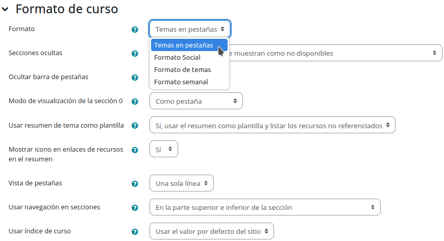 Formato de curso->Temas en pestañas