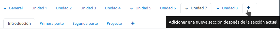 Clicando el icono "+" que aparece a la derecha de la última pestaña: "Adicionar una nueva sección después de la sección actual"