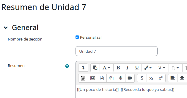 En el editor del resumen incluimos cada actividad o recurso entre dobles corchetes