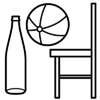 Pictograma de Arasaac que representa la materia. Se visualiza una botella, una pelota y una silla.