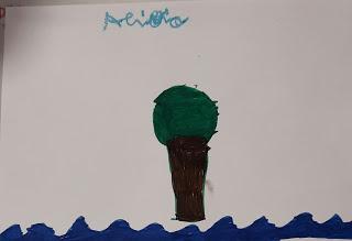 Dibujo de Super Animales sobre lo que para él significa el alivio.(Ha dibujado un árbol enorme y cesped por el suelo). Imagen del Aula de los árboles con Licencia: BY - NC - SA.