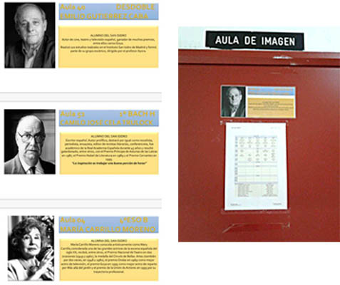 Carteles identificativos de aulas con personajes célebres que han pasado por el Instituto